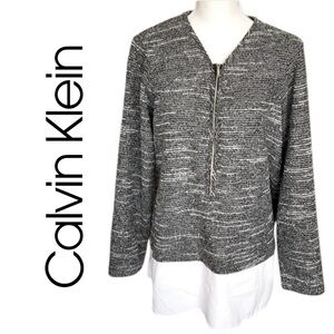 Calvin Klein Black White Tunic Top Logo Zipper Silver Accent Tiered Layer Sz 0X